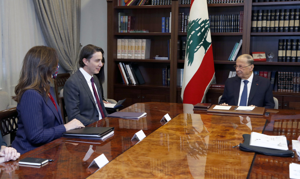 Lebanese President Michel Aoun, right, meets with US Envoy for Energy Affairs Amos Hochstein, center, and US Ambassador to Lebanon Dorothy Shea, left, at the presidential palace in Baabda, east of Beirut, Lebanon, on Feb. 9, 2022. (AP)
