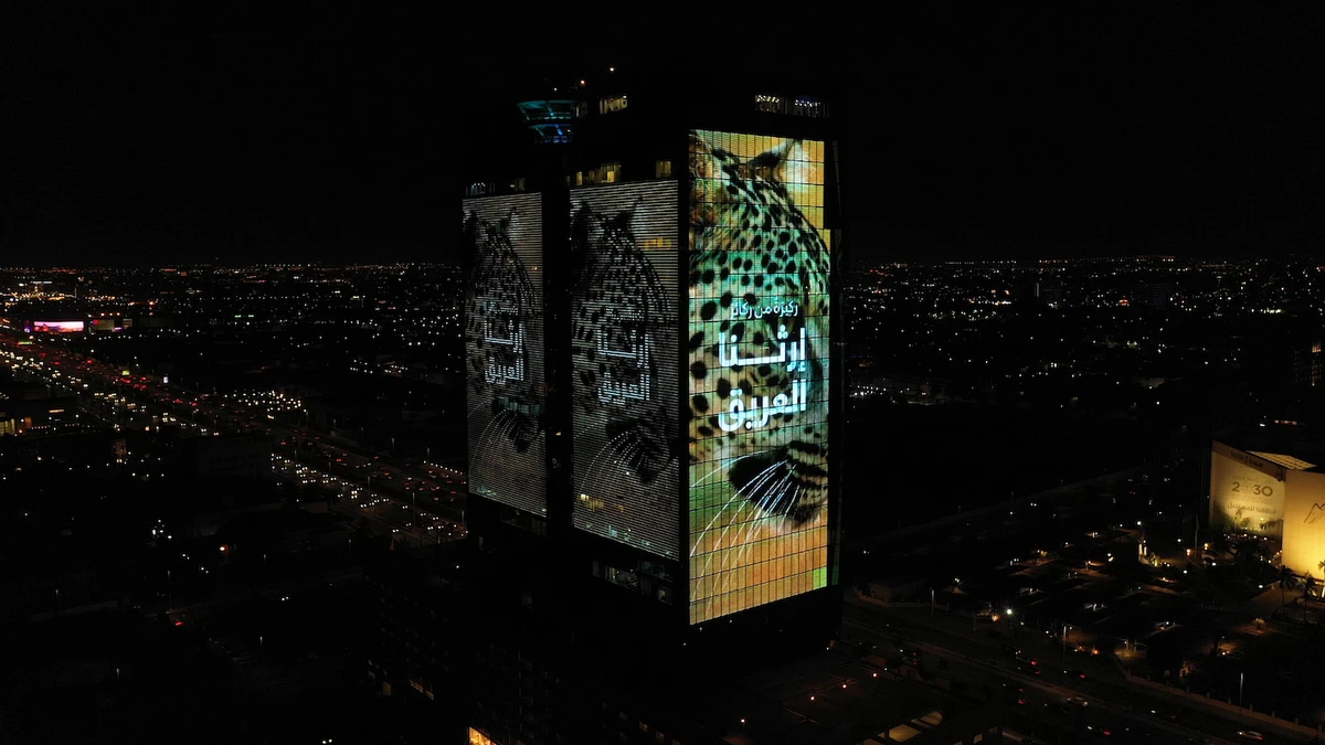 An image of the Arabian Leopard is projected onto the King's Road Tower in Jeddah on Feb.10 in a bid to raise awareness of the endangered big cat. (Supplied)
