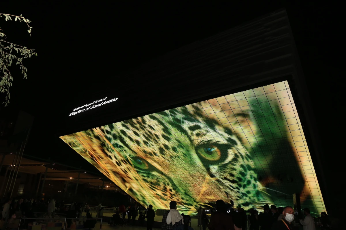 An image of the Arabian Leopard is projected onto Saudi Arabia’s pavilion at Dubai Expo 2020 on Feb.10 in a bid to raise awareness of the endangered big cat. (Supplied)