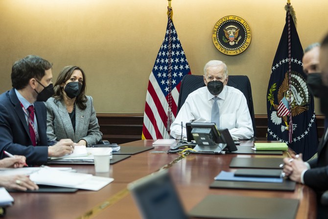 Joe Biden and Kamala Harris observe the counterterrorism operation that led to the death of Abu Ibrahim Al-Hashimi Al-Qurashi, Feb. 3. (Wiki Commons)