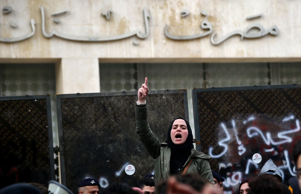 Protesters gather at central bank. Lebanon is plunged in its worst economic crisis. Shutterstock