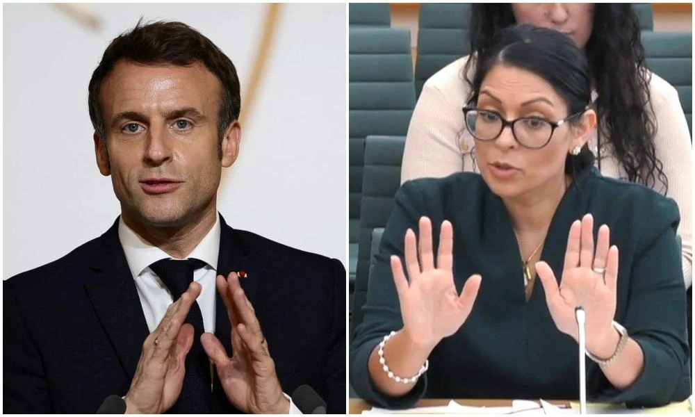 Britain's interior minister Priti Patel (R) hit back at President Emmanuel Macron after he said London must take responsibility for the deaths of migrants attempting to cross the Channel. (Reuters/AFP/PRU)