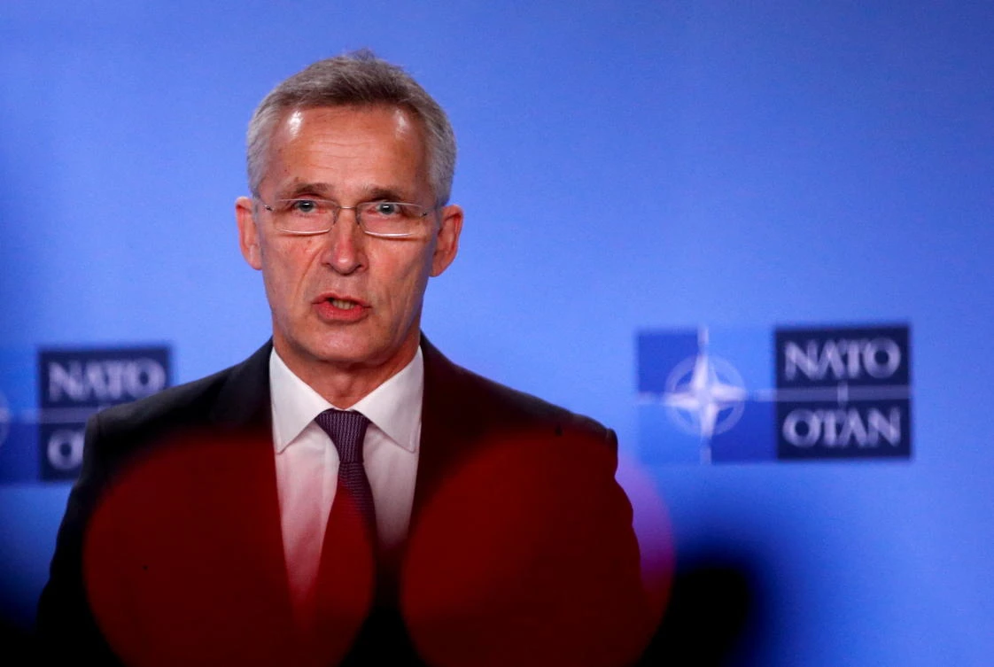NATO Secretary General Jens Stoltenberg speaks during a joint news conference with North Macedonian Prime Minister Dimitar Kovacevski in Belgium on Thursday. (Reuters)