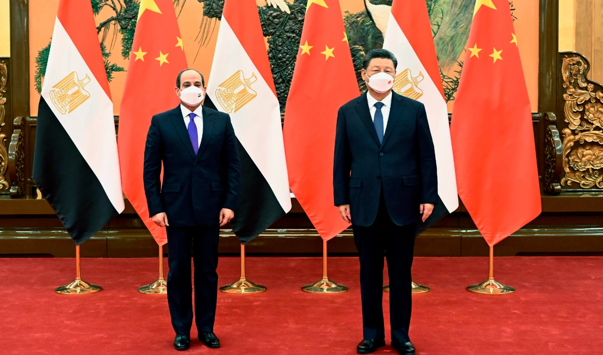 Chinese President Xi Jinping, right, meets with Egyptian President Abdel Fattah El-Sisi at the Great Hall of the People in Beijing, China, Saturday, Feb. 5, 2022. (AP)
