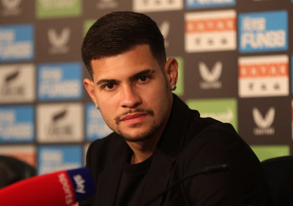 Newcastle United's Bruno Guimaraes during the presentation on February 7, 2022. (Reuters)