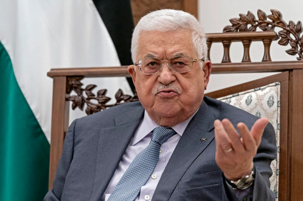 In this file photo taken on May 25, 2021, Palestinian president Mahmud Abbas gives a joint statement with the US secretary of state, at the Palestinian Authority (PA) headquarters in the West Bank city of Ramallah. (AFP)