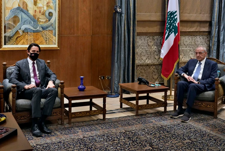 Parliament Speaker Nabih Berri, right, meets with US Envoy for Energy Affairs Amos Hochstein in Beirut, Lebanon, Wednesday, Feb. 9, 2021. (AP Photo)