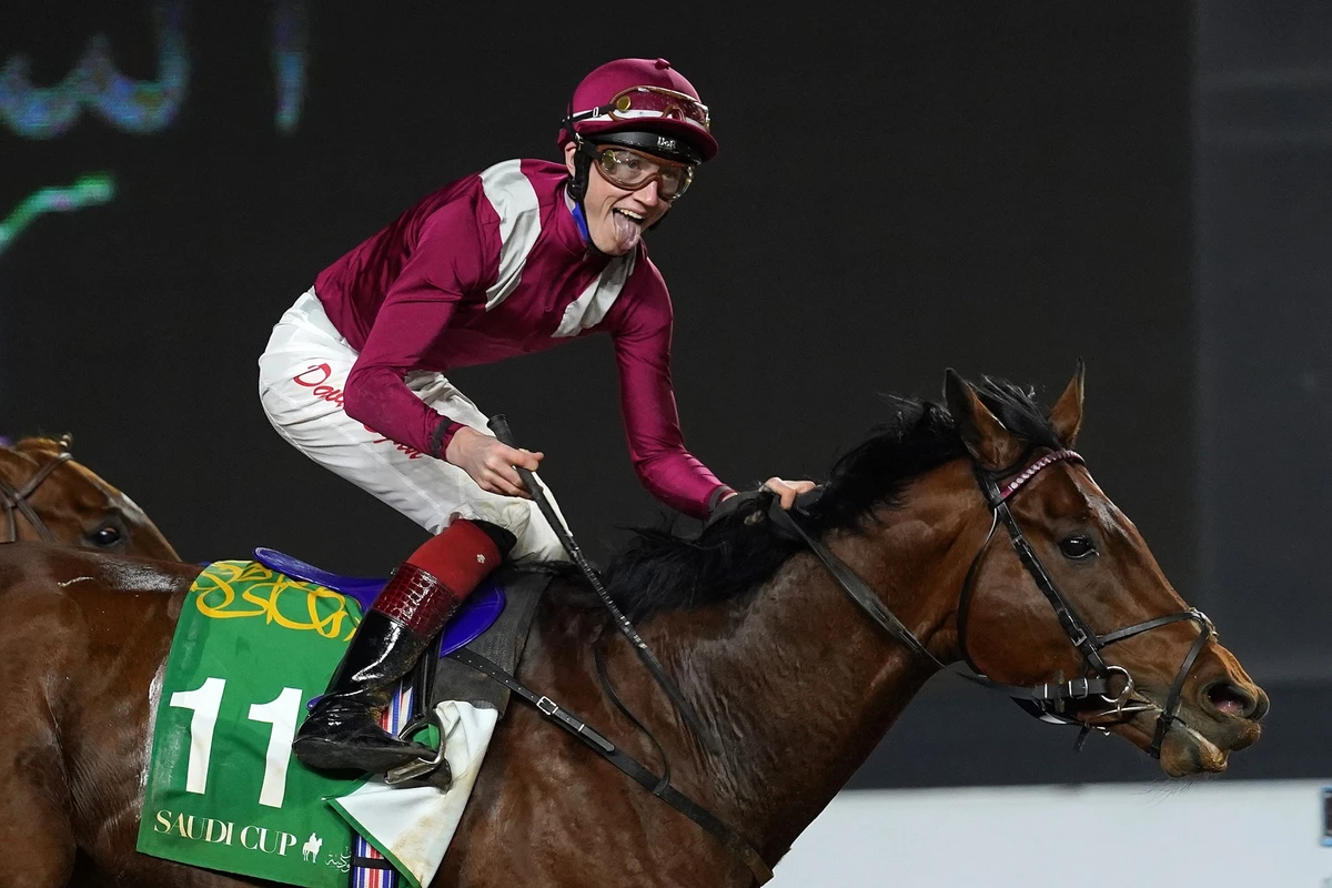 David Egan celebrates winning The Saudi Cup in 2021 aboard Mishriff. (Jockey Club Of Saudi Arabia / Ma)
