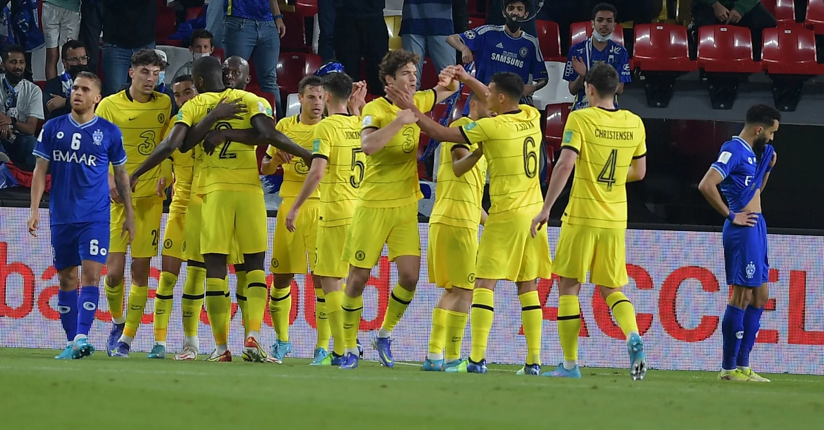 Chelsea's players celebrate scoring against Al-Hilal in the semi-final of the Club World Cup in Abu Dhabi (Basheer Saleh)