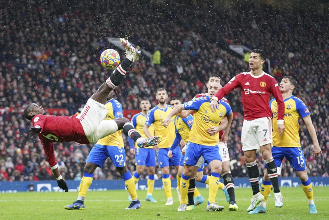 Manchester United’s Paul Pogba attempts an overhead kick during their English Premier League match against Southampton at Old Trafford stadium on Saturday. (AP)