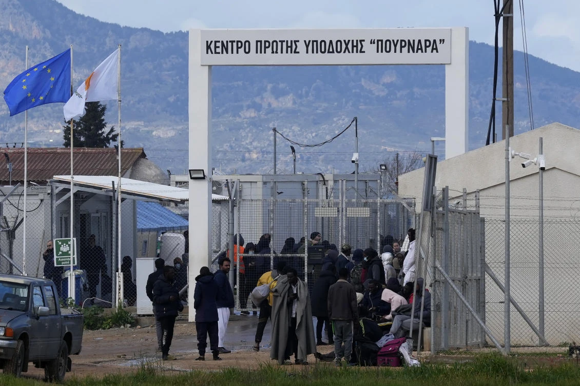 Migrants at Pournara reception center in Kokkinotrimithia, near Nicosia, Cyprus, Feb. 9, 2022. (AP Photo)