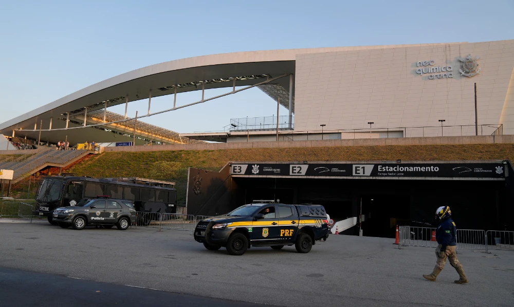 Police stand guard outside Neo Quimica Arena stadium after a qualifying soccer match between Argentina and Brazil for the FIFA World Cup Qatar 2022 was interrupted by health authorities in Sao Paulo, Brazil, Sept. 5, 2021. (AP/File)