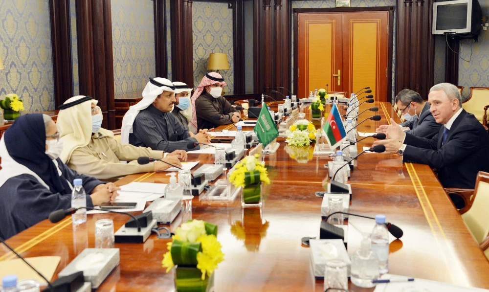 Azerbaijan’s Ambassador Shahin Abdullayev meets with the Saudi-Azerbaijani Parliamentary Friendship Committee of the Shoura Council in Riyadh. (SPA)