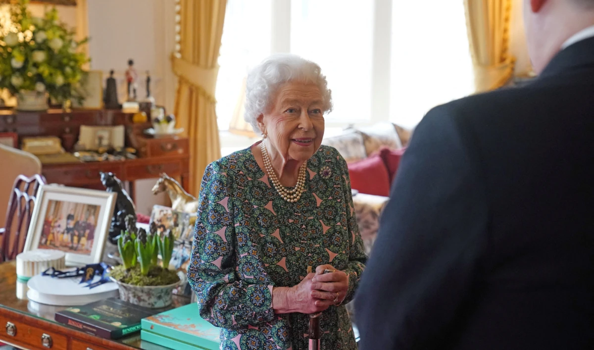 Britain's Queen Elizabeth speaks during an audience where she met the incoming and outgoing Defence Service Secretaries at Windsor Castle in Windsor, Britain, February 16, 2022. (Reuters)