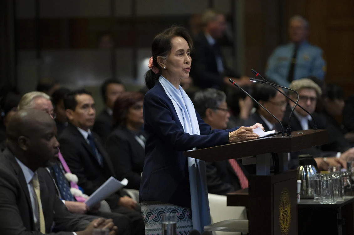 Then Myanmar's leader Aung San Suu Kyi addresses judges of the International Court of Justice for the second day of three days of hearings in The Hague, Netherlands on Dec. 11, 2019. (File/AP)