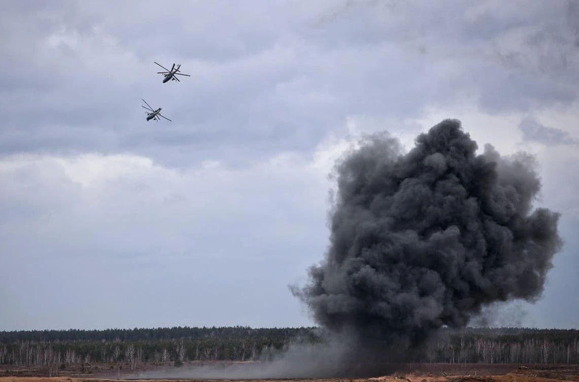 This video grab shows helicopters during joint exercises of the armed forces of Russia and Belarus as part of an inspection of the Union State's Response Force, at a firing range near Brest. (File/AFP)