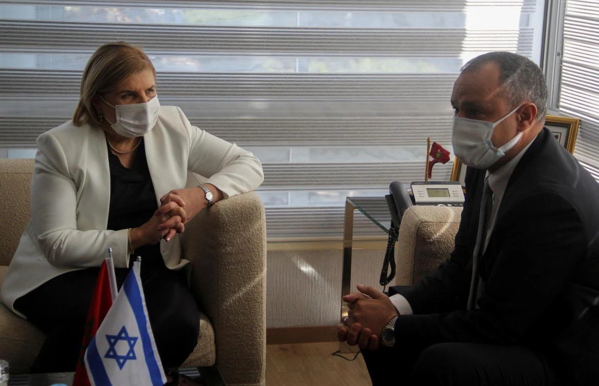 Morocco's Industry and Trade Minister Ryad Mezzour meets with Israel's Economy Minister Orna Barbivai in Rabat, Morocco February 21, 2022. (Reuters)