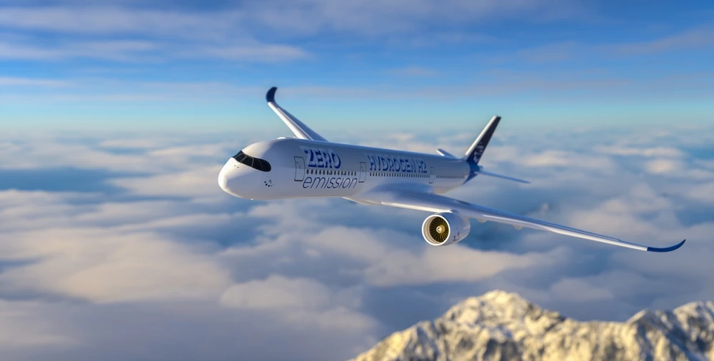 Hydrogen filled H2 Airplane flying in the sky - future H2 energy concept. Image: Shutterstock