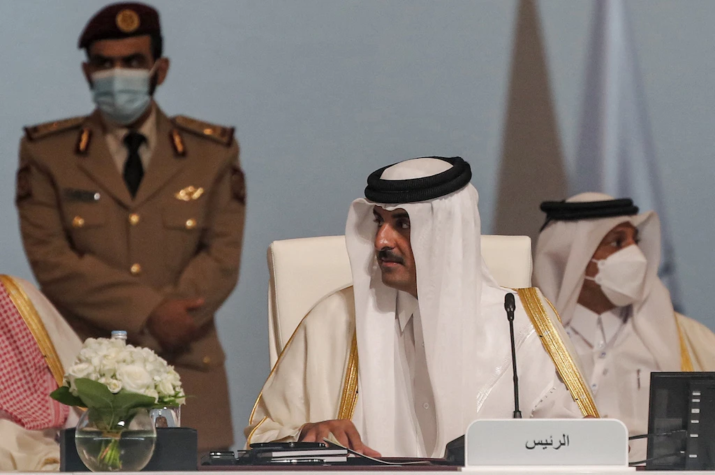 Qatar's Emir Sheikh Tamim bin Hamad al-Thani (C) chairs the final session of the Gas Exporting Countries Forum (GECF) summit in Doha on Feb. 22, 2022. (AFP)