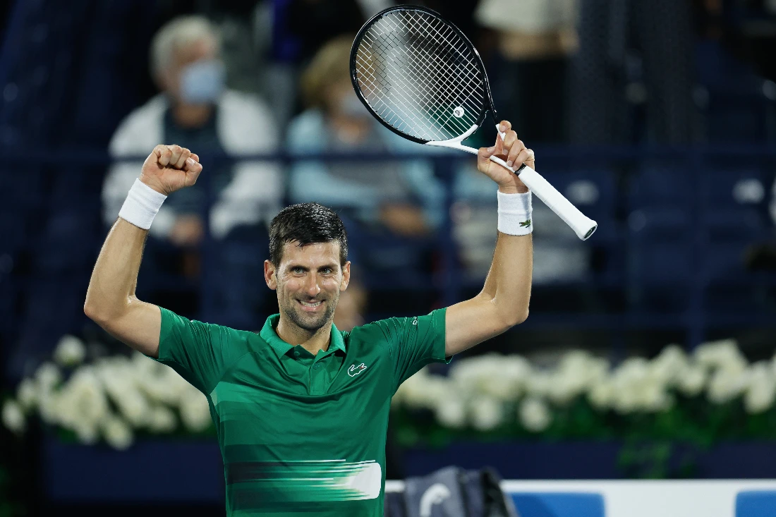 Novak Djokovic celebrates his win against Karen Khachanov at the Dubai Duty Free Tennis Stadium. (DDFTC)