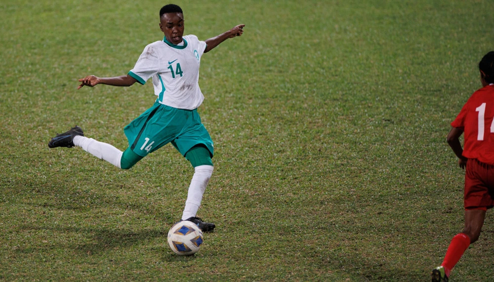 Al-Bandari Mubarak opens the scoring in Saudi’s 2-0 win over the Maldives in Male. (SAFF)