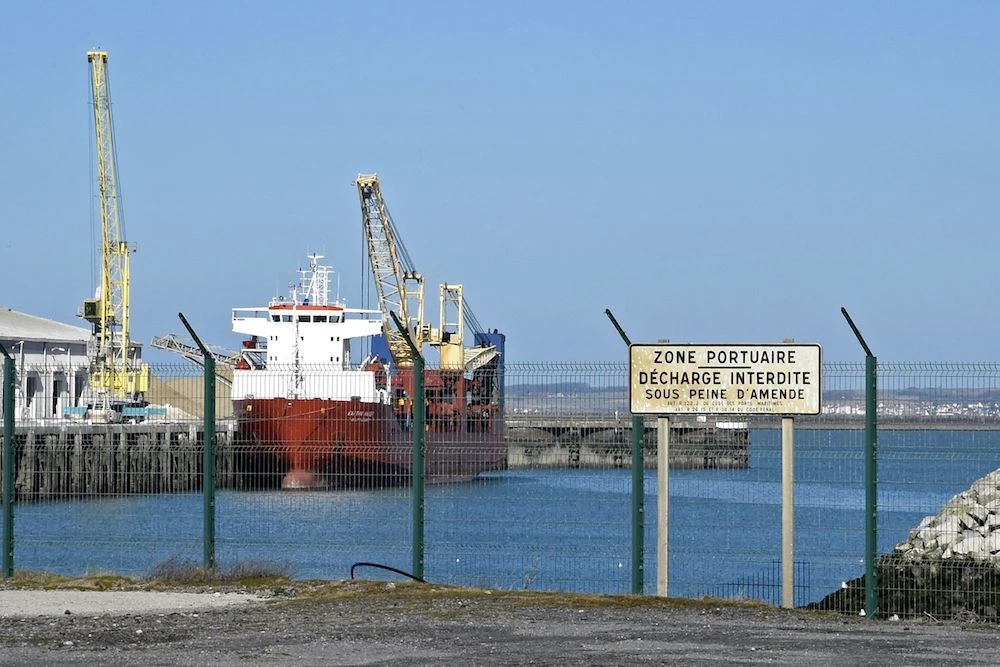 Russian-flagged cargo vessel Baltic Leader after it was intercepted by French naval forces in the Channel and escorted to the port of Boulogne-sur-Mer, northern France. (AFP)