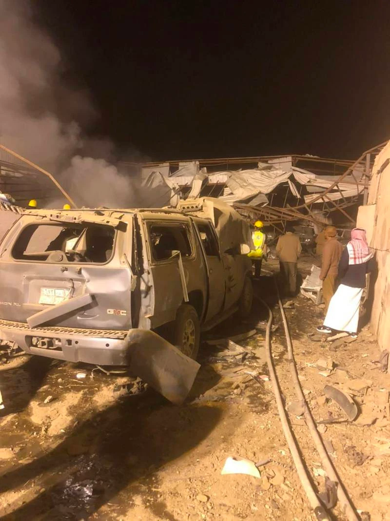 Cars and buildings damaged by debris from the intercepted Houthi ballistic missile that landed in an industrial area in Dhahran, Saudi Arabia. (SPA file photo)