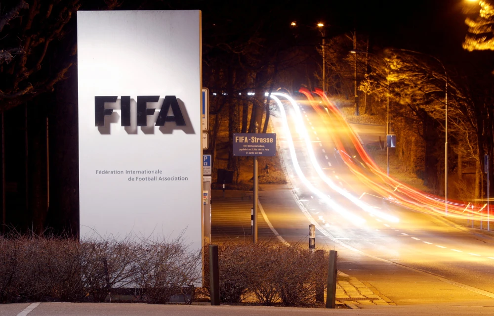 A long exposure shows FIFA's logo near its headquarters in Zurich, Switzerland February 27, 2022. (Reuters)
