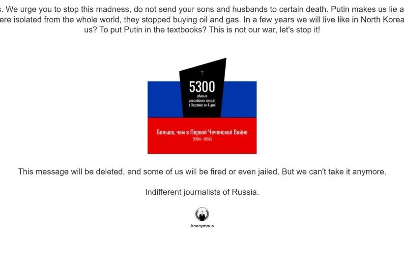 Website of Russia’s TASS news agency displays anti-Putin message after hack