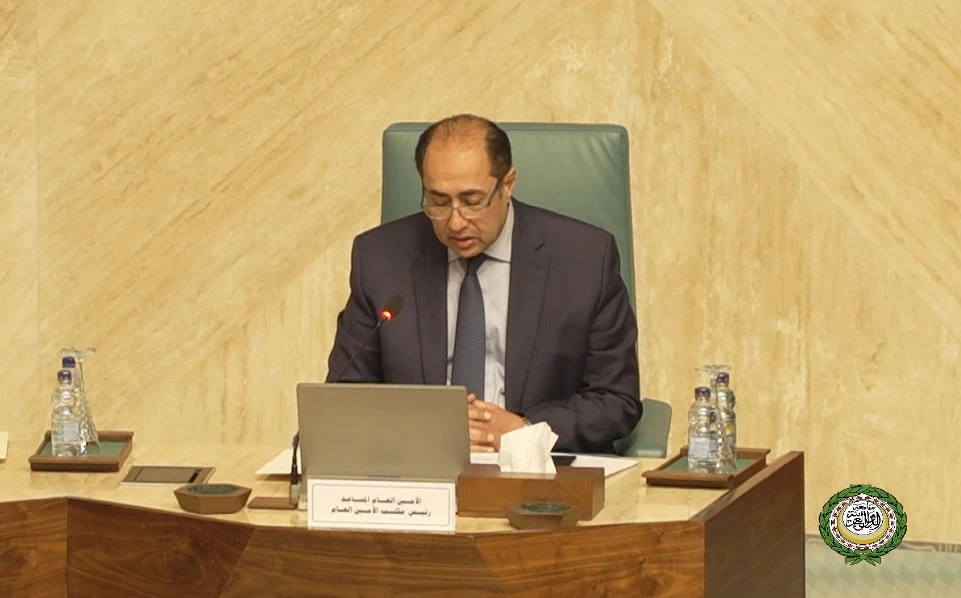 Assistant Secretary-General of the Arab League Hossam Zaki speaks at an emergency meeting on the Ukraine, Feb. 28, 2022. (Twitter Photo)