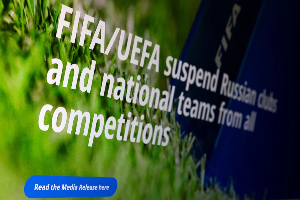 An announcement on the FIFA website is displayed in this illustration taken, February 28, 2022. (Reuters)