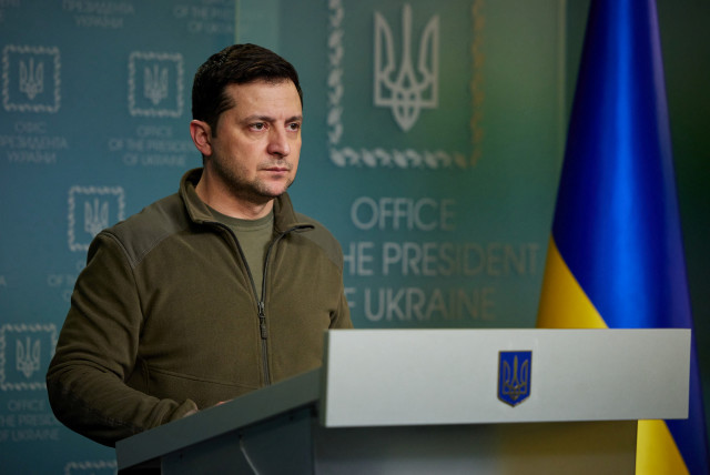Ukrainian President Volodymyr Zelensky makes a statement in Kyiv, Ukraine, Feb. 25, 2022. (Reuters)