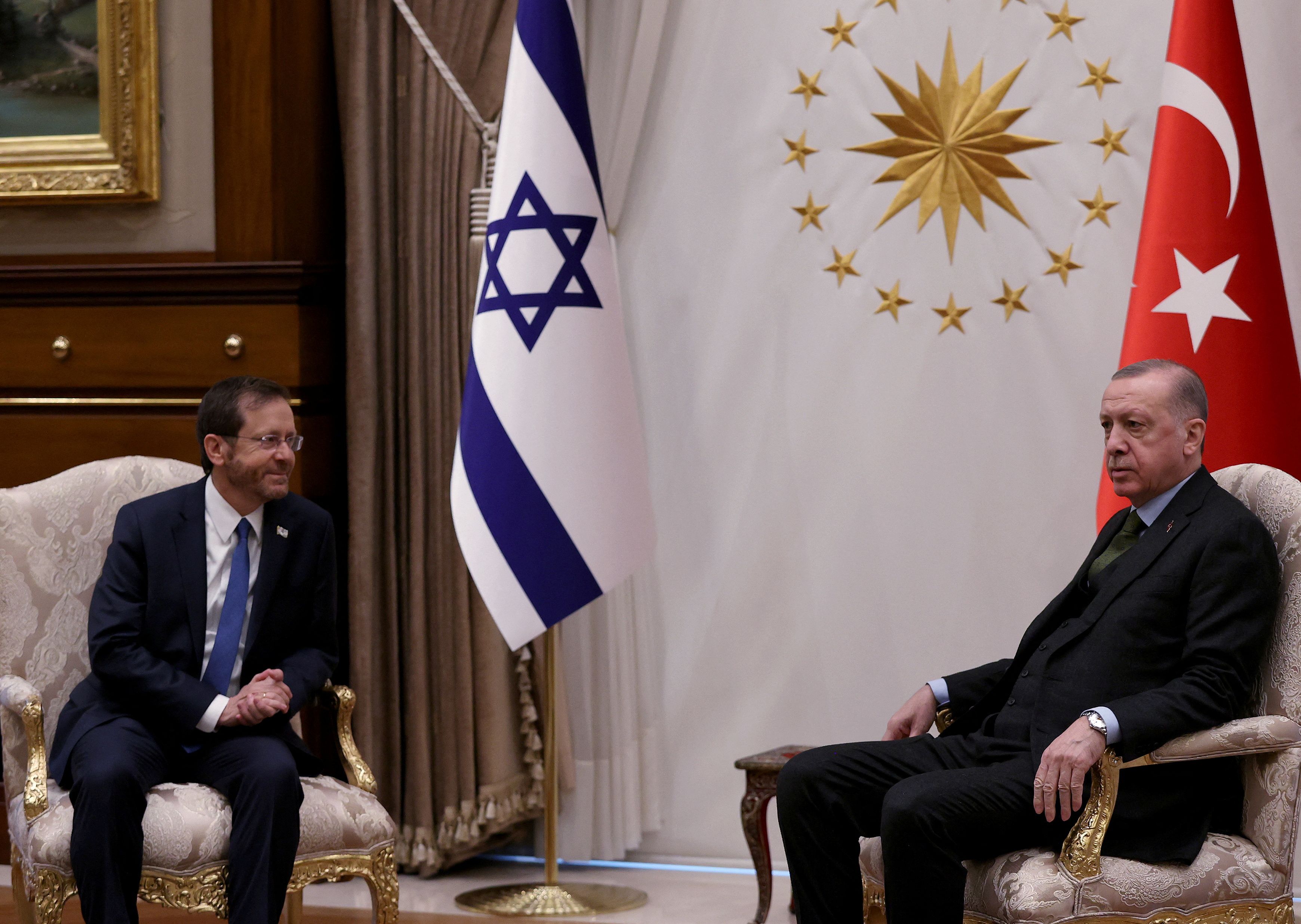Turkish President Recep Tayyip Erdogan and his Israeli counterpart Isaac Herzog during their meeting in Ankara, Turkey, Mar. 9, 2022. (Reuters)