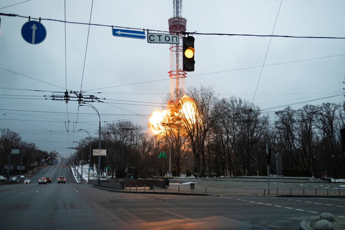 A blast is seen in the TV tower, amid Russia's invasion of Ukraine, in Kyiv, Ukraine March 1, 2022. (Reuters)