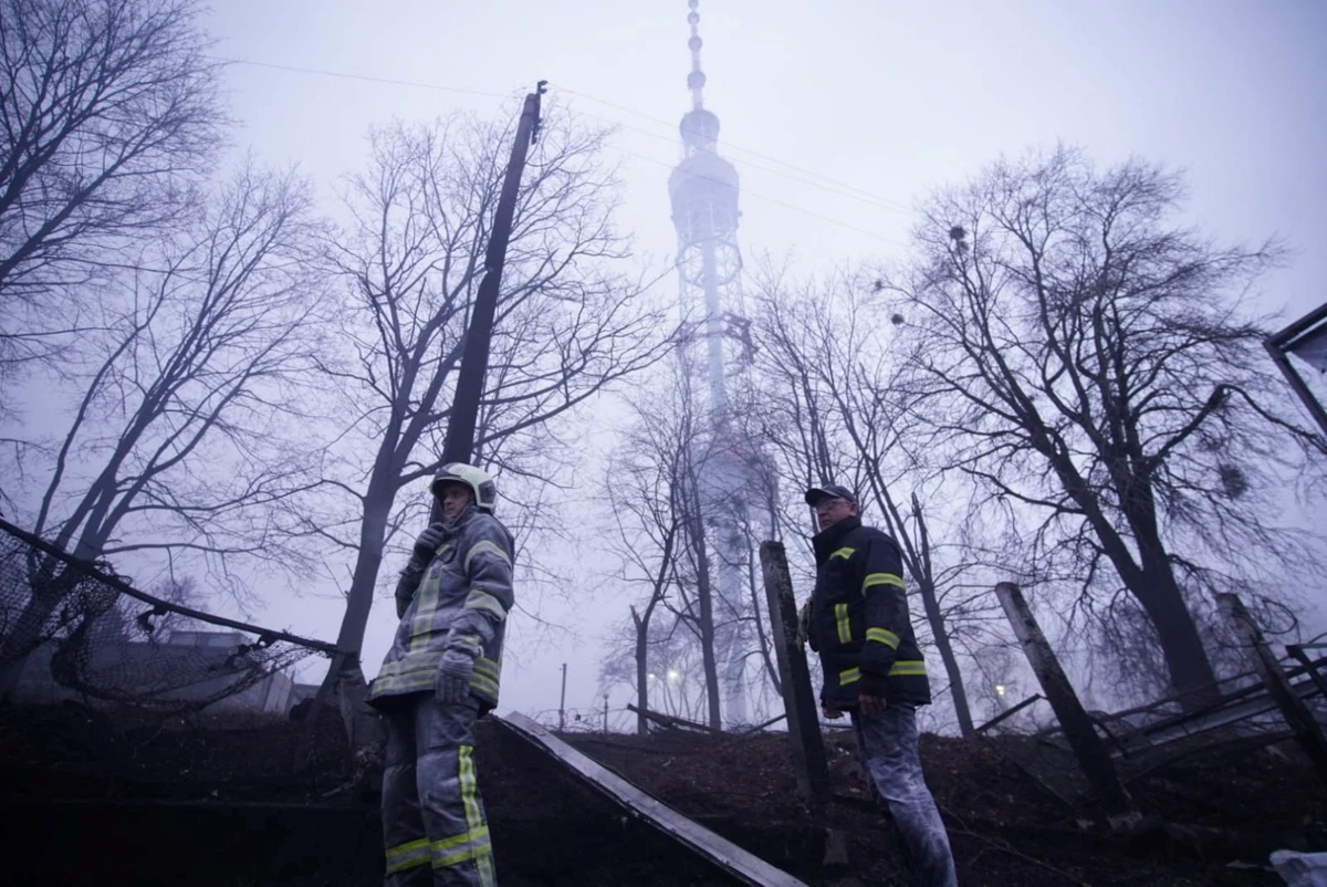 Ukranian television tower in Kyiv as seen after being shelled by Russian Forces on March 1. (Reuters)