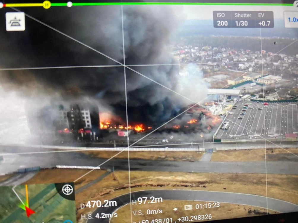 This 2022 aerial image provided by Ukrainian security forces, taken by a drone and shown on a screen, shows a blown-up building near the outskirts of Kyiv. (AP)