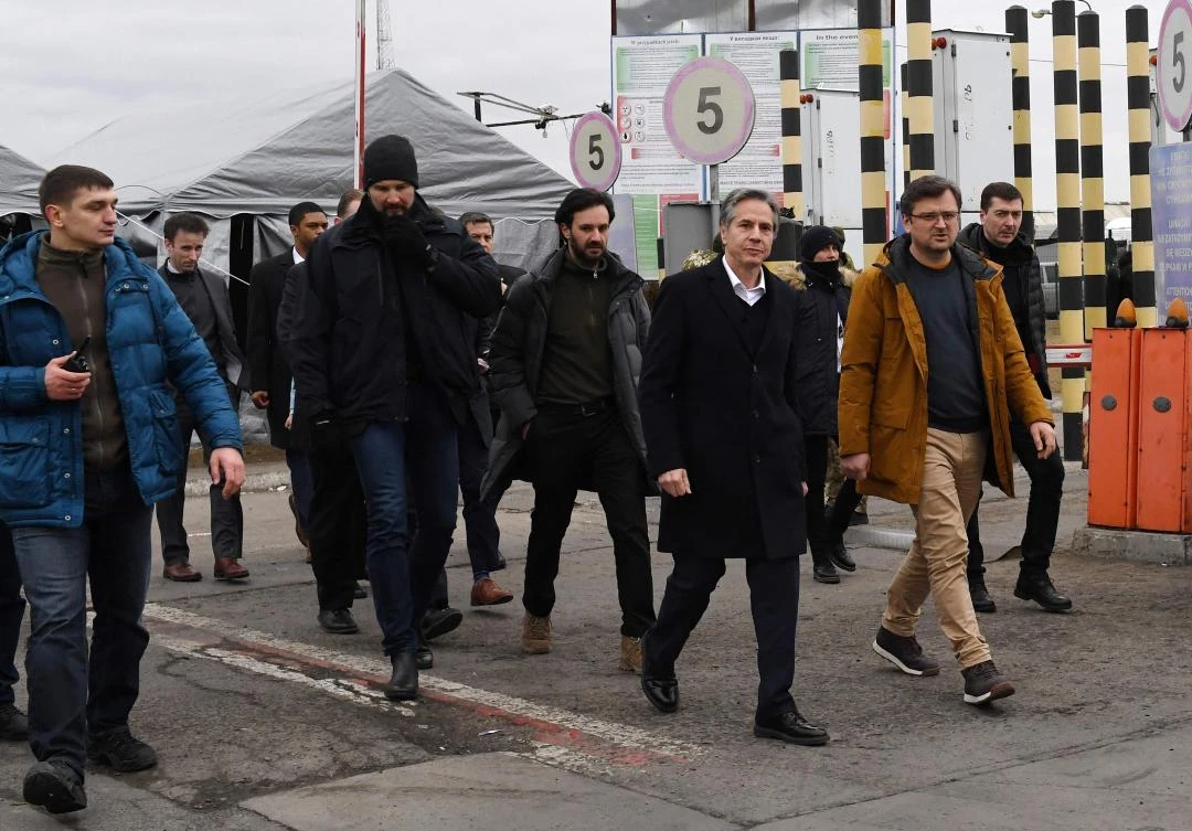 US Secretary of State Antony Blinken and Ukrainian Foreign Minister Dmytro Kuleba arrive to speak to the media after meeting at the Ukrainian-Polish border crossing in Korczowa, Poland on Saturday. (AFP)