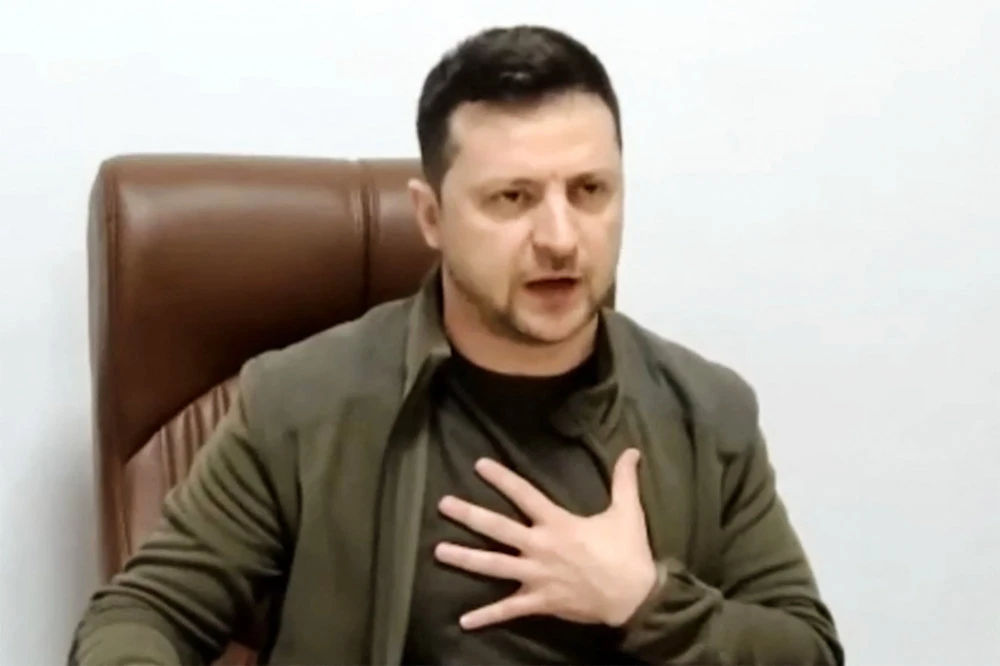 This handout video grab taken and released by the Ukraine Presidency press service on March 4, 2022 shows Ukrainian President Volodymyr Zelensky delivering an address in Kyiv. (AFP)