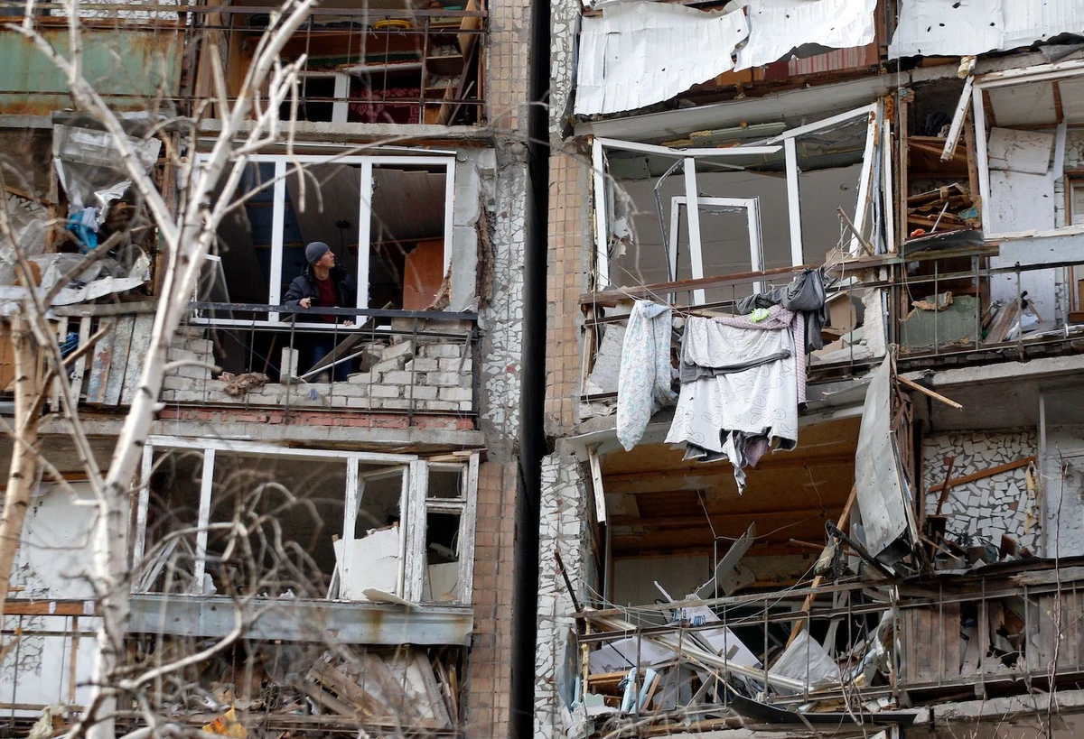 A building damaged as a result of a Russian missile exploding after it was shot down over Kramatorsk by Ukrainian air defence can be seen. (AFP)