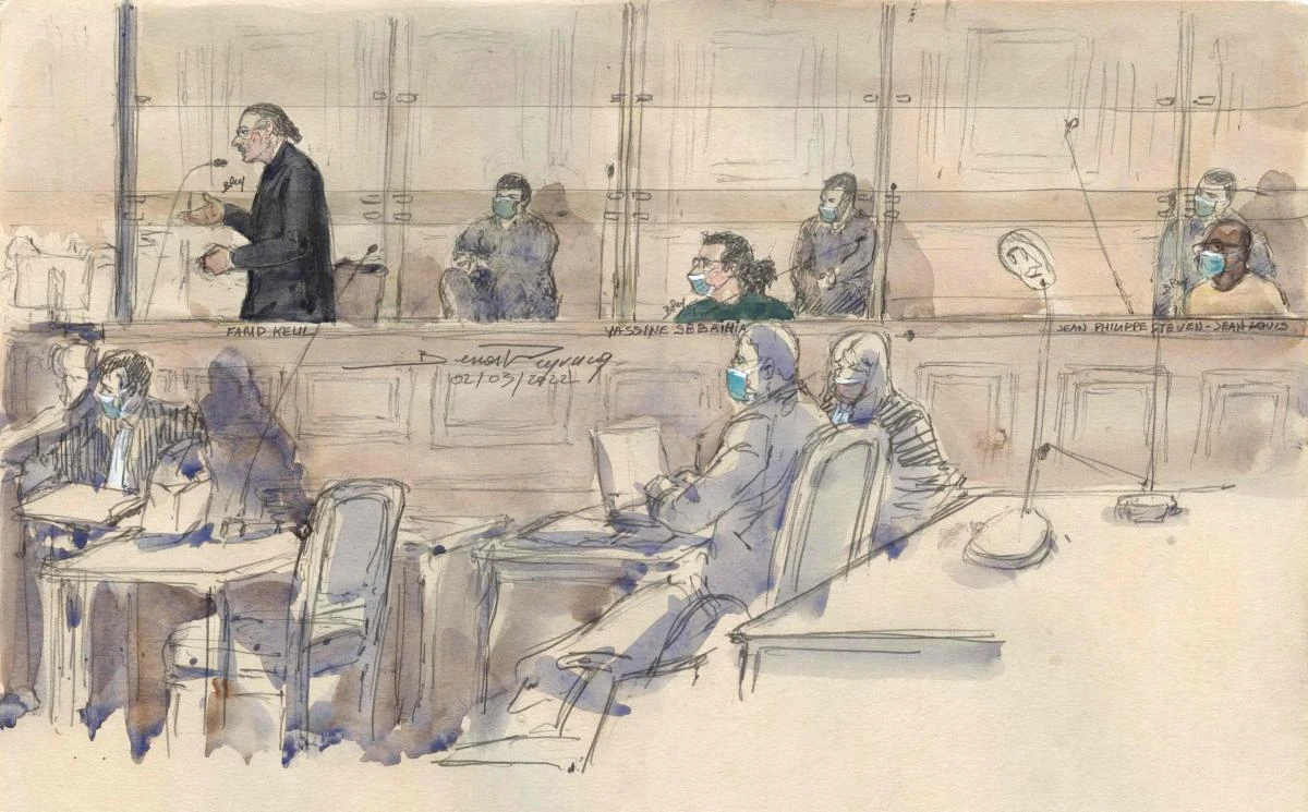 This file photo taken on March 02 shows a sketch of defendant Farid Khelil appearing at a Paris court in the trial over the murder of Jacques Hamel, an 85-year-old priest in 2016. (AFP)
