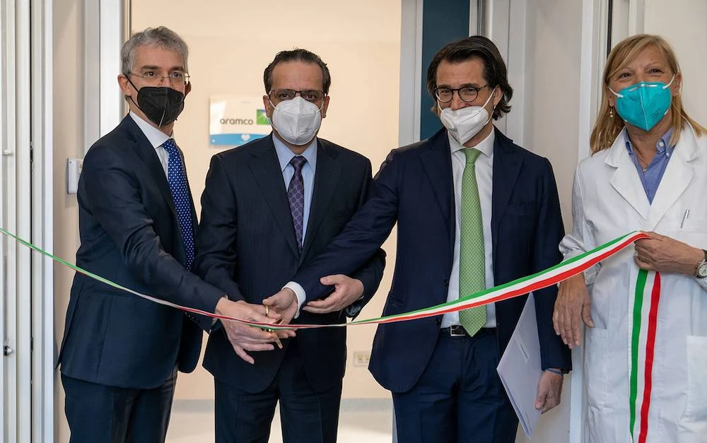 Above, officials during the inauguration of the two intensive care units donated by Saudi Aramco at Buzzi Hospital in Milan. (europe.aramco.com)