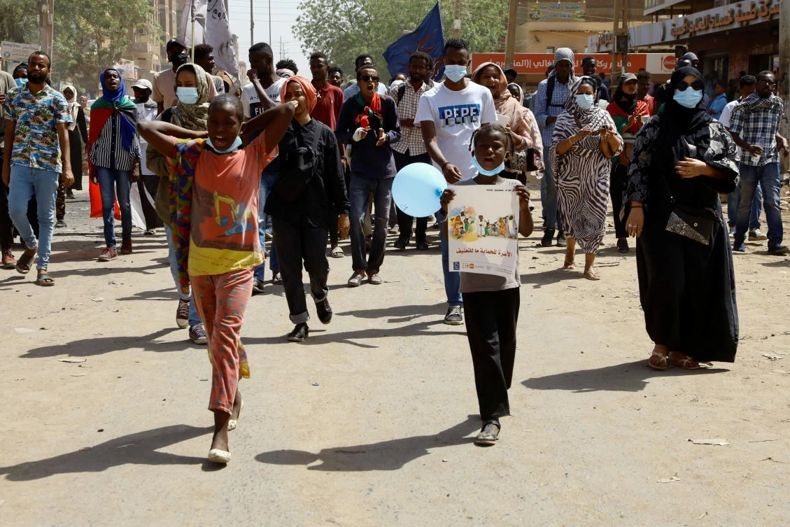 People attend a demonstration against the military coup, on International Women’s Day in Khartoum, Sudan on Tuesday. (Reuters)