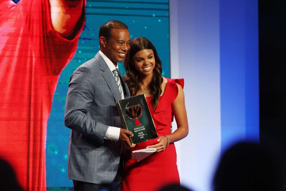 Tiger Woods with his daughter Sam during his induction into the World Golf Hall of Fame Wednesday in Ponte Vedra Beach, Fla. (Getty Images/AFP)