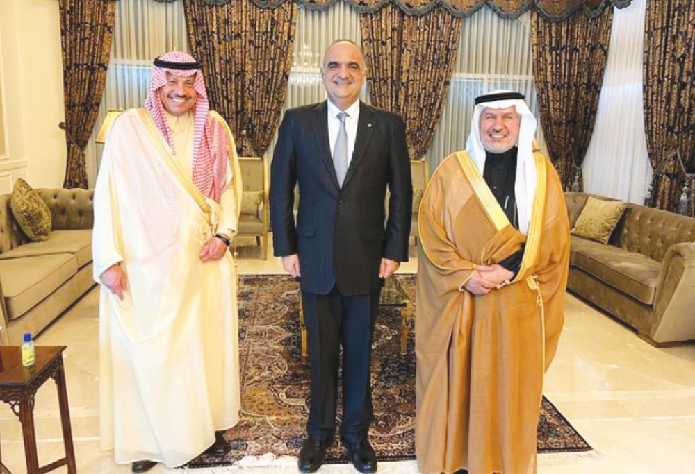 KSRelief chief Dr. Abdullah Al-Rabeeah with Bishr Al-Khasawneh, prime minister of Jordan and Naif Al-Sudairi, Saudi ambassador to Jordan. (Supplied)