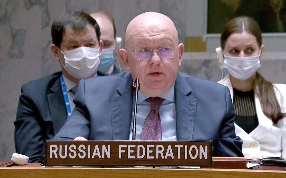 Russian Ambassador to the United Nations Vasily Nebenzya speaks during a Security Council meeting, Friday, March 11, 2022, at UN headquarters. (AP)