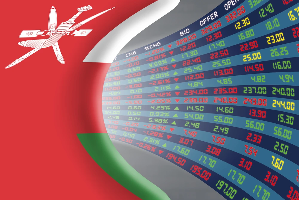 National flag of Oman with a large display of daily stock market price and quotations during normal economic period. Shutterstock