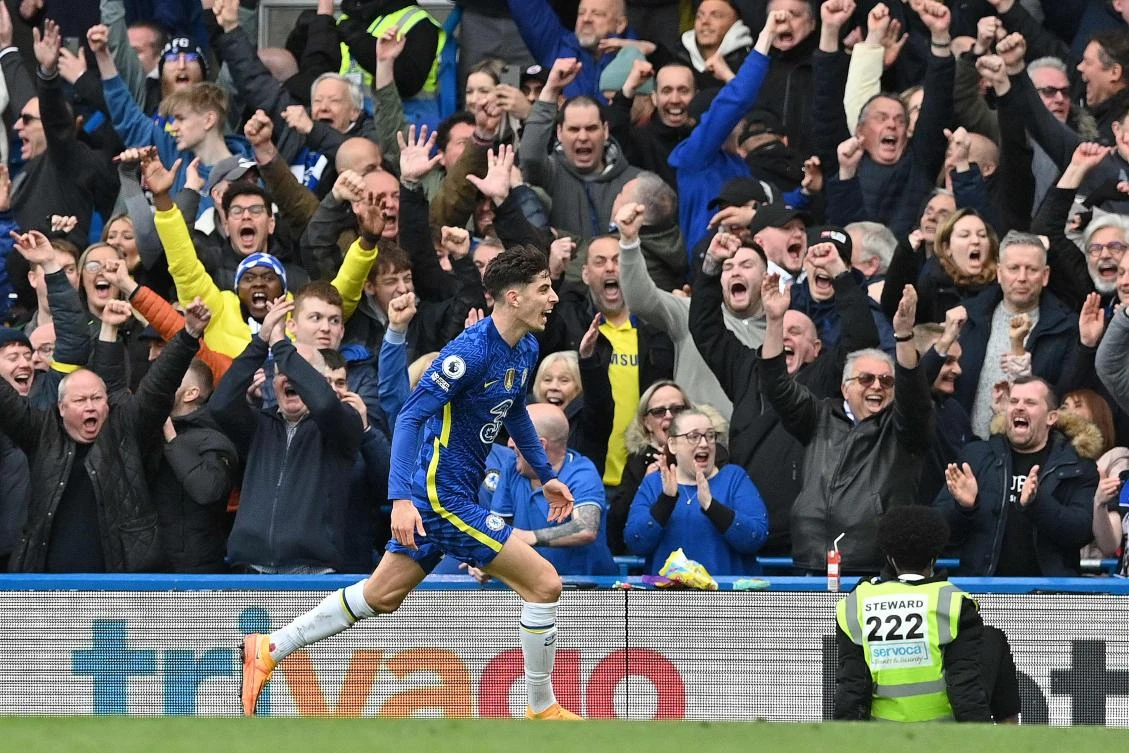 Chelsea’s German midfielder Kai Havertz celebrates scoring during the English Premier League match between Chelsea and Newcastle United at Stamford Bridge, London, Mar. 13, 2022. (AFP)