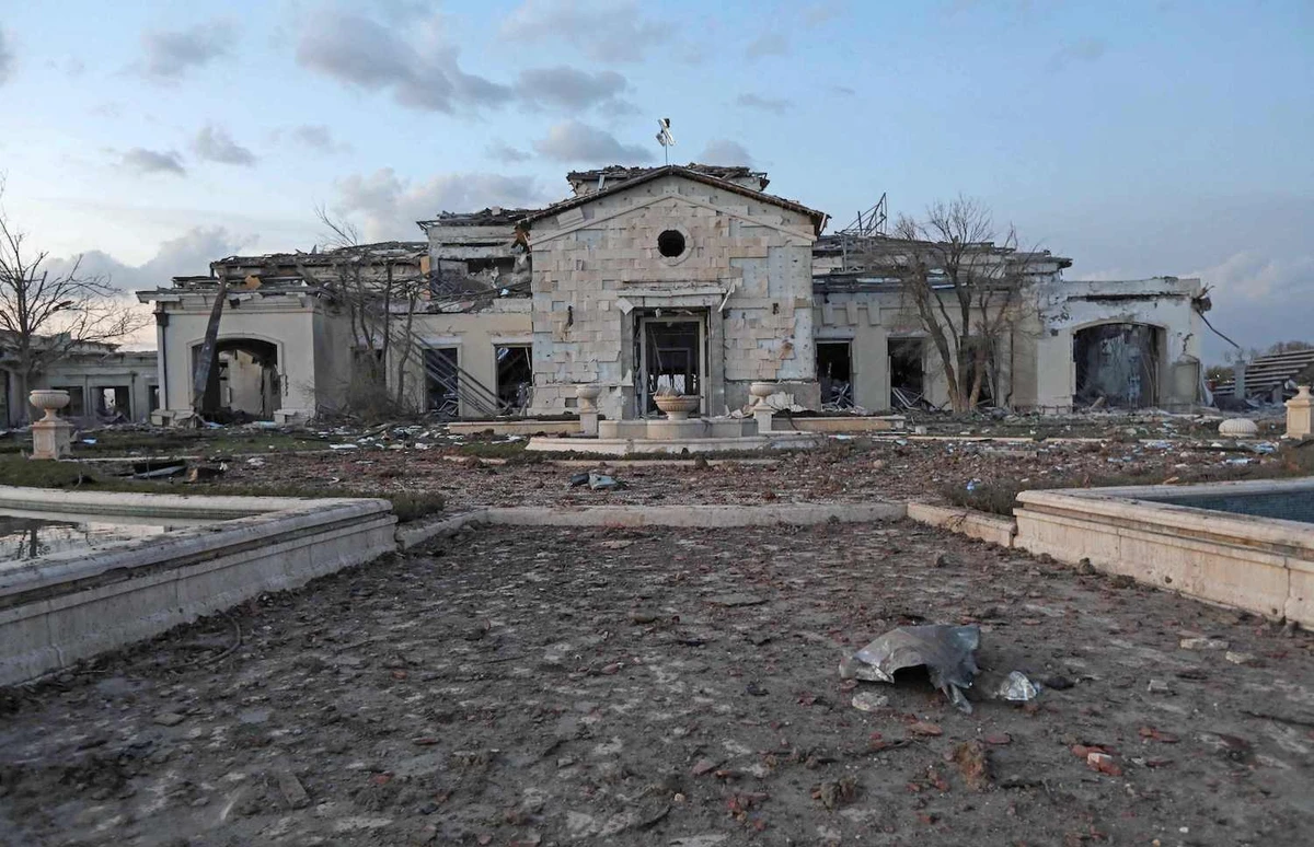 A general view shows a damaged mansion following an attack in Irbil, the capital of the northern Iraqi Kurdish autonomous region, on March 13, 2022. (AFP)