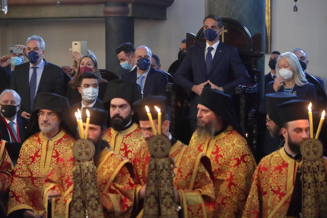 Greek Prime Minister Kyriakos Mitsotakis attends a Sunday service at the Patriarchal Church of St. George in Istanbul, Turkey, March 13, 2022. (Reuters)