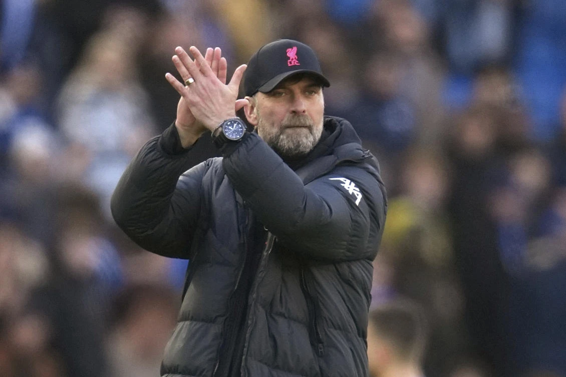 Liverpool’s manager Jurgen Klopp applauds at the end of their Premier League match against Brighton and Hove Albion (2-0) at the Amex stadium in Brighton on Saturday. (AP)